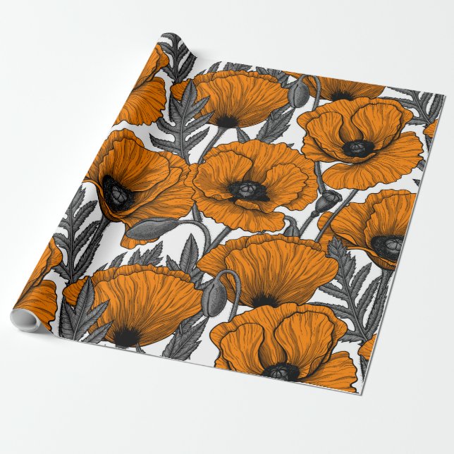 Orange poppies on white wrapping paper (Unrolled)