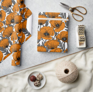 Orange poppies on white wrapping paper
