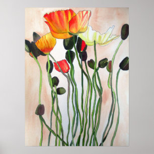 Orange Poppies original watercolour flower art Poster