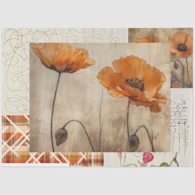 Orange Poppies & Plaid for Decoupage or Giftwrap Tissue Paper (Front)