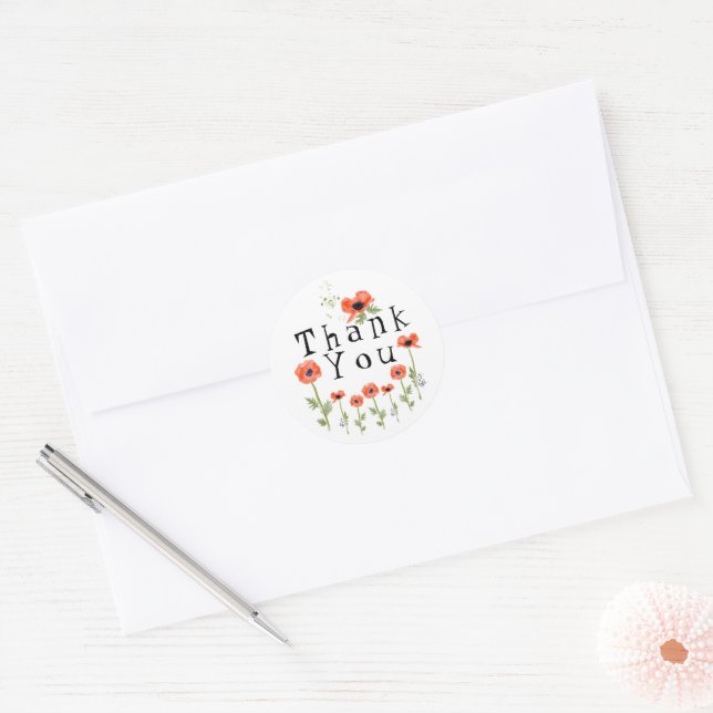Orange Poppies Thank You Classic Round Sticker (Envelope)