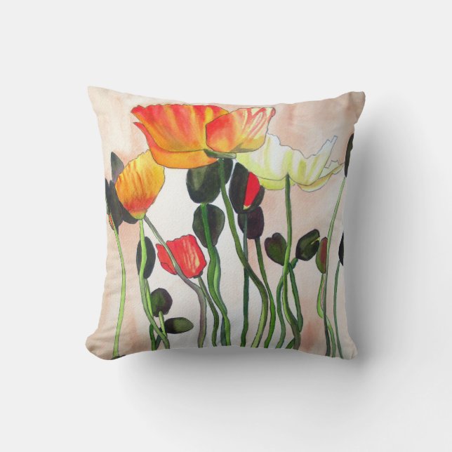 Orange poppies watercolour flower art cushion (Front)