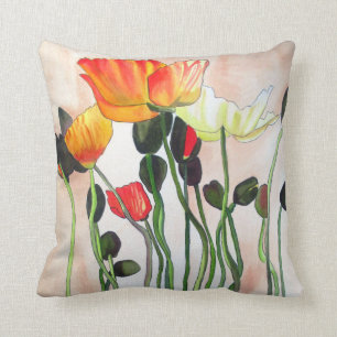 Orange poppies watercolour flower art cushion