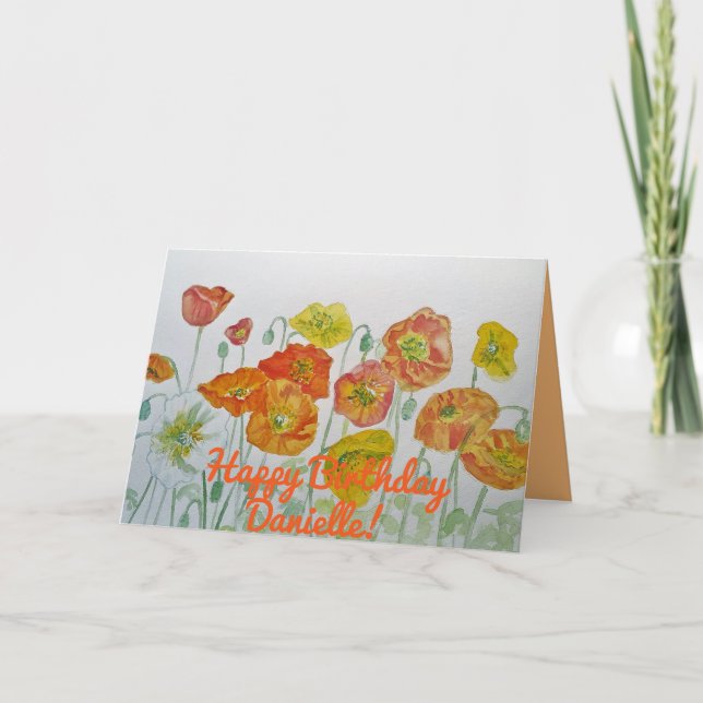 Orange Poppies Watercolour Happy Birthday Card (Front)