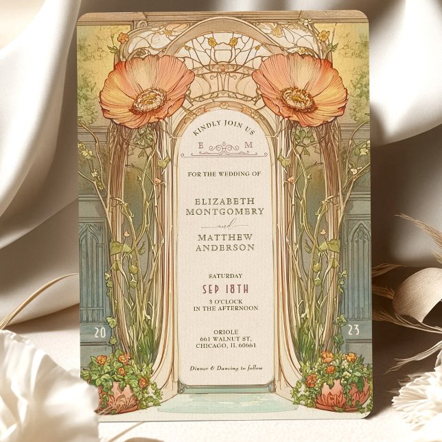 Orange Poppy Arch Art Nouveau Wedding Invitation (Creator Uploaded)