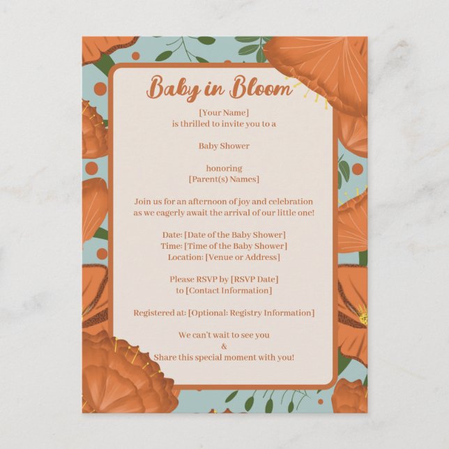 Orange Poppy Baby Bloom Shower Invitation  Postcard (Front)