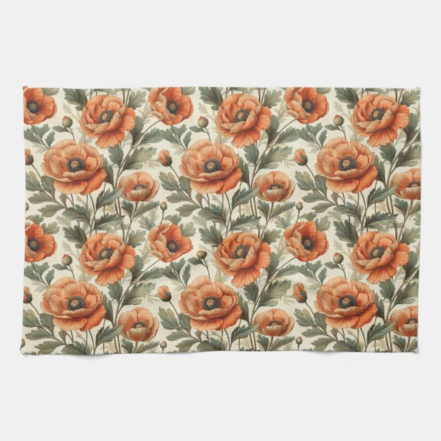 Orange Poppy Botanical Flowers Tea Towel (Horizontal)