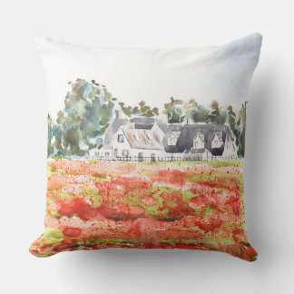 orange poppy field in oxfordshire watercolour cushion