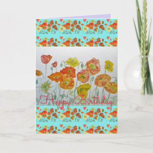 Orange Poppy Flower Floral Happy Birthday art Card