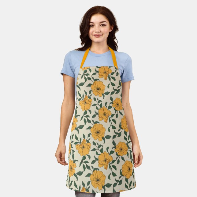 Orange Poppy Flower Pattern Apron (Worn)