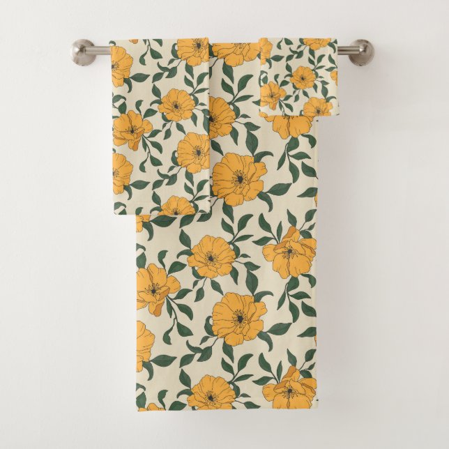 Orange Poppy Flower Pattern Bath Towel Set (Insitu)