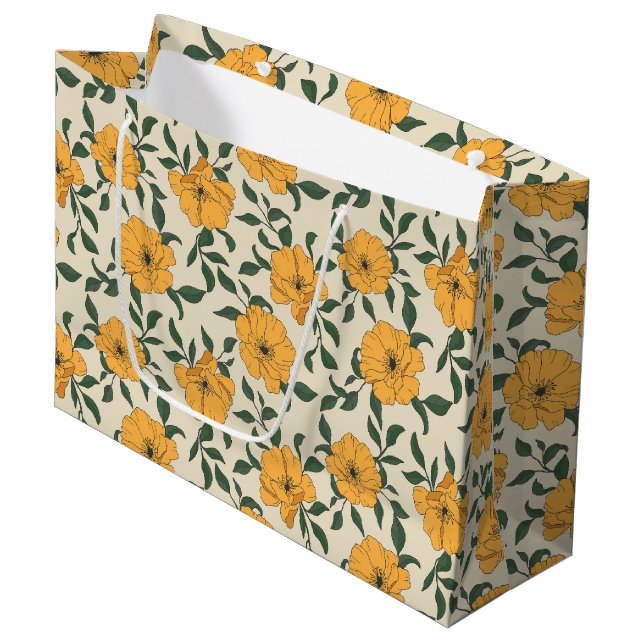 Orange Poppy Flower Pattern Large Gift Bag (Front Angled)