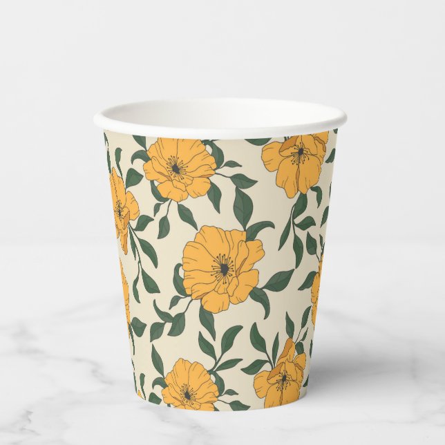 Orange Poppy Flower Pattern Paper Cups (Front)
