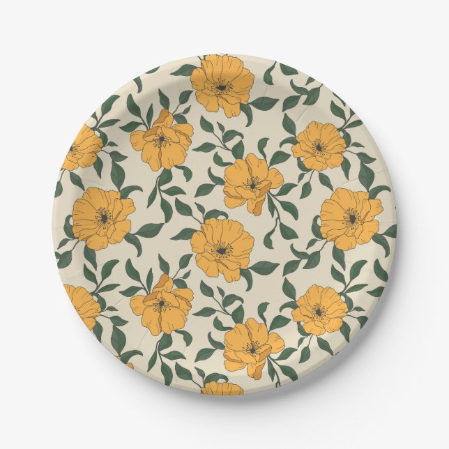 Orange Poppy Flower Pattern Paper Plate (Front)