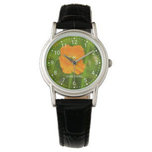 Orange Poppy Flower Photo On Green And Custom Name Watch
