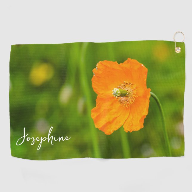 Orange Poppy Flower Photo On Green With Name Golf Towel (Horizontal)