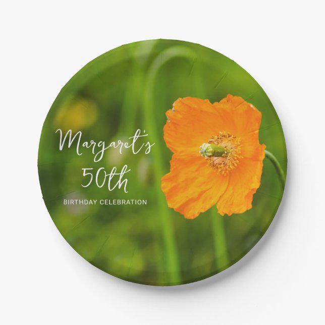 Orange Poppy Flower Photograph 50th Birthday Party Paper Plate (Front)
