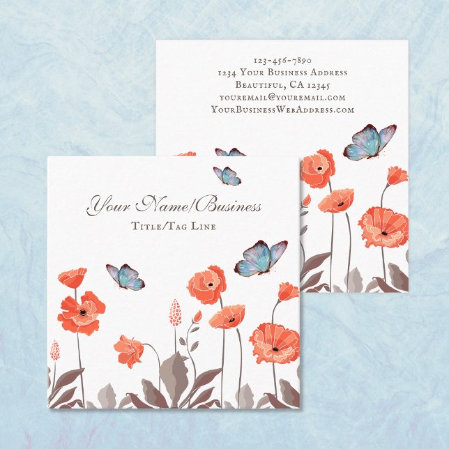 Orange Poppy Flowers and Blue Butterflies Garden Square Business Card (Creator Uploaded)