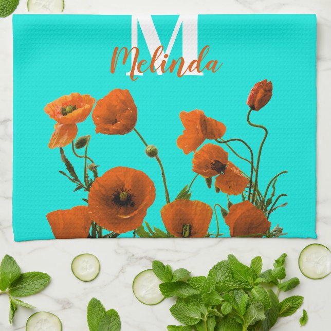 Orange Poppy Flowers Floral Monogram Initial Name Tea Towel (Folded)