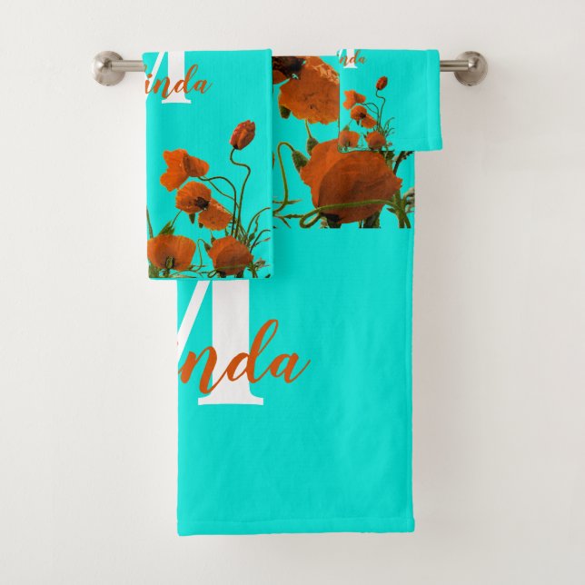 Orange Poppy Flowers Floral Monograms Custom Colou Bath Towel Set (Insitu)