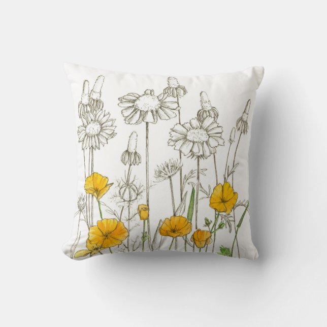 Orange Poppy Flowers Plant Drawing Cushion (Front)