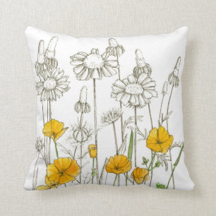 Orange Poppy Flowers Plant Drawing Cushion