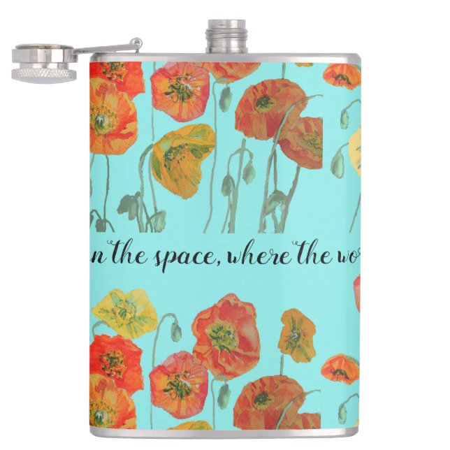 Orange Poppy Flowers 'Put Faith in the Space' Aqua Hip Flask (Opened)