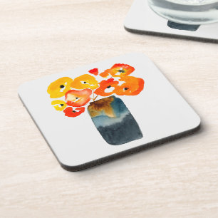Orange poppy flowers watercolor coaster