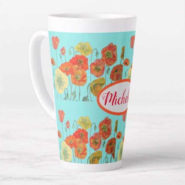 Orange Poppy Flowers Watercolor Floral Mug Aqua (Left Angle)