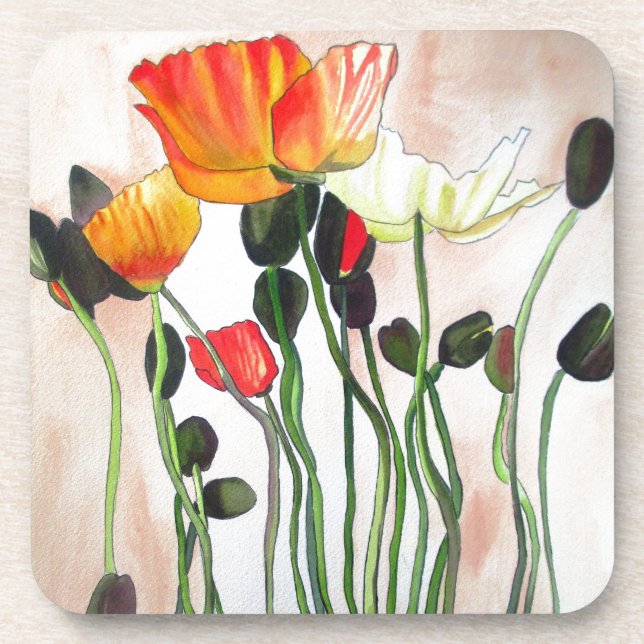 Orange Poppy flowers watercolour painting Coaster (Front)