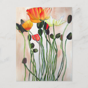 Orange Poppy flowers watercolour painting Postcard