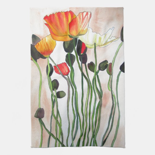 Orange Poppy flowers watercolour painting Tea Towel (Vertical)