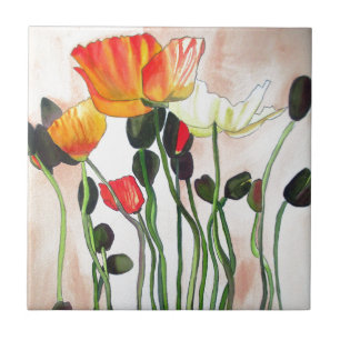 Orange Poppy flowers watercolour painting Tile