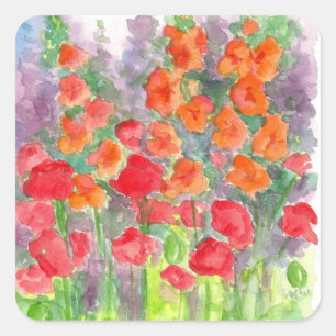 Orange Poppy Gladiola Flower Watercolor Garden Square Sticker