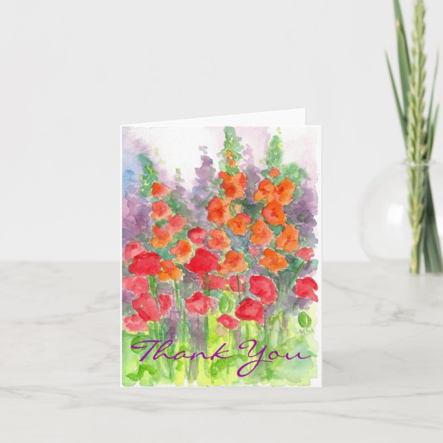 Orange Poppy Gladiola Flower Watercolor Thank You Card (Front)