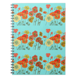 Orange Poppy Poppies Floral Flowers Aqua Notebook