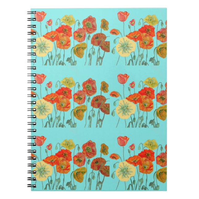 Orange Poppy Poppies Floral Flowers Aqua Notebook (Front)