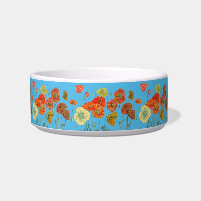 Orange Poppy pretty flowers Blue floral Pet Drink  Bowl (Front)