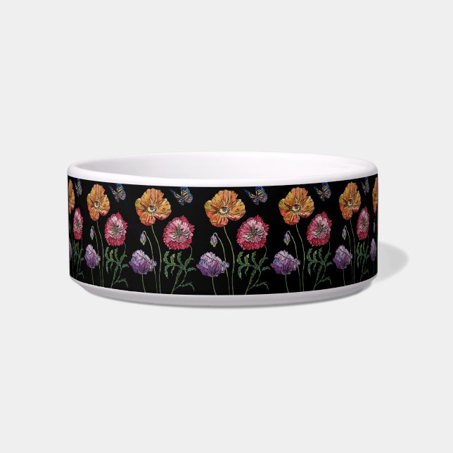 Orange Poppy pretty flowers dark floral Pet Drink Bowl (Front)