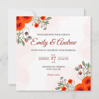Orange Poppy Rose Watercolor Floral Square Wedding Invitation