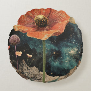 Orange Poppy Under Moonlight Round Cushion