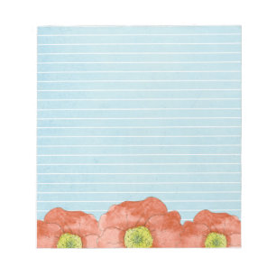 Orange Poppy Watercolor Flowers Light Blue Lined Notepad