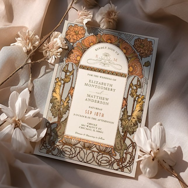 Orange Poppy Wedding Invitations Art Nouveau Mucha (Creator Uploaded)
