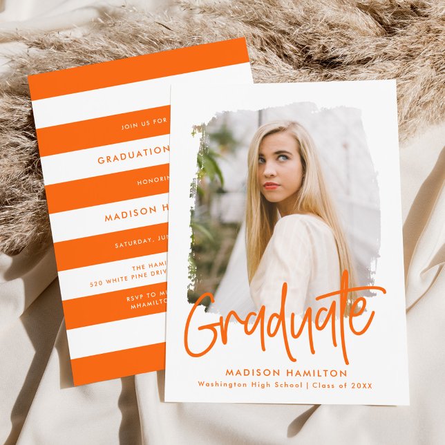 Orange | Preppy Script Photo Graduation Party Invitation (Creator Uploaded)