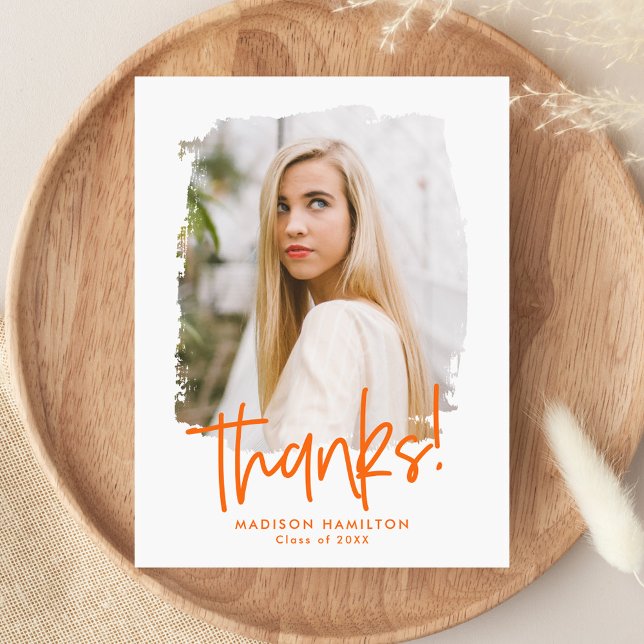 Orange | Preppy Script Photo Graduation Thank You Postcard (Creator Uploaded)