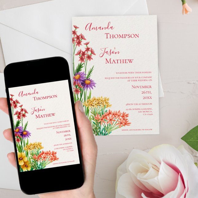 Orange Pretty Yellow Purple Wildflowers Wedding  Invitation (Creator Uploaded)