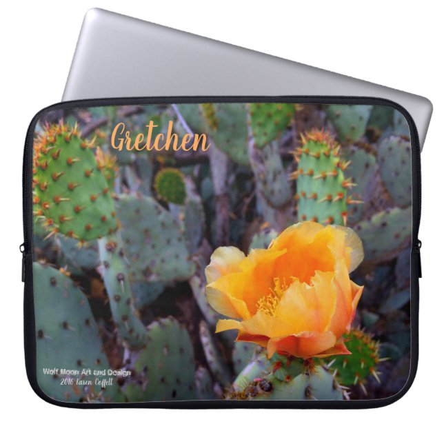Orange prickly pear cactus blossom photo laptop sleeve (Front)