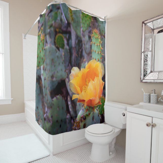 Orange Prickly Pear Opuntia Cactus Flower Photo Shower Curtain (In Situ)
