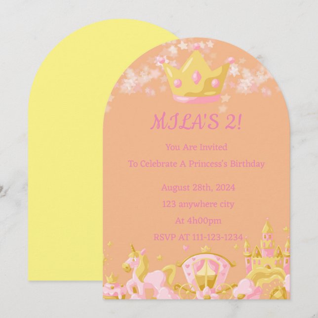 Orange princess birthday invitation  (Front/Back)