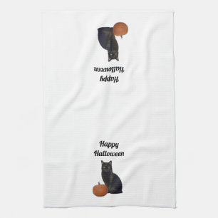 Orange Pumpkin and Black Cat Happy Halloween Tea Towel
